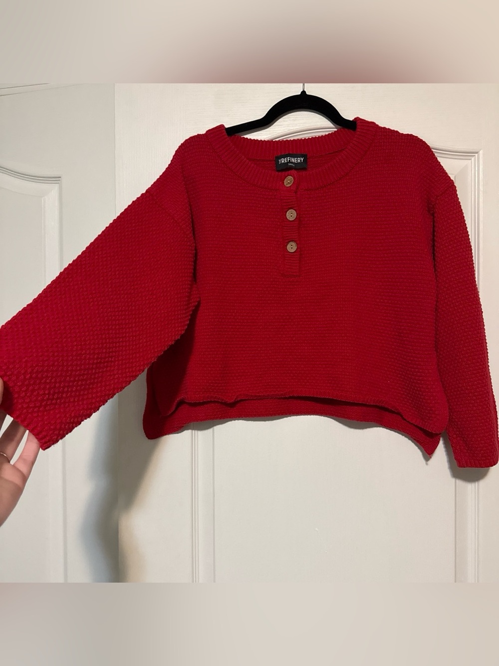 Red Knit Henley Sweater
